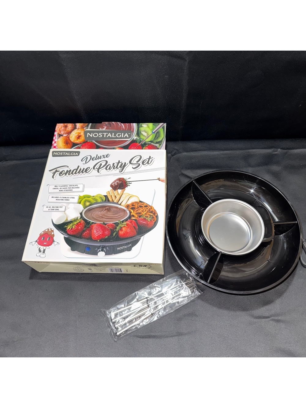 Nostalgia Deluxe Fondue Party Set with 4 Stainless Steel Roa